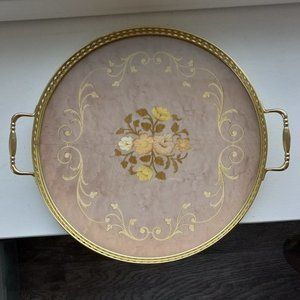 Vintage Florentine Florentia Round Drink Tray Gold Metal Rim Made in Italy